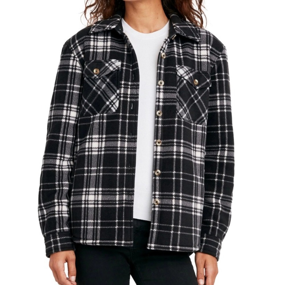 Sage Collective Sherpa Shacket Plaid Jacket Black White Fleece Womens S